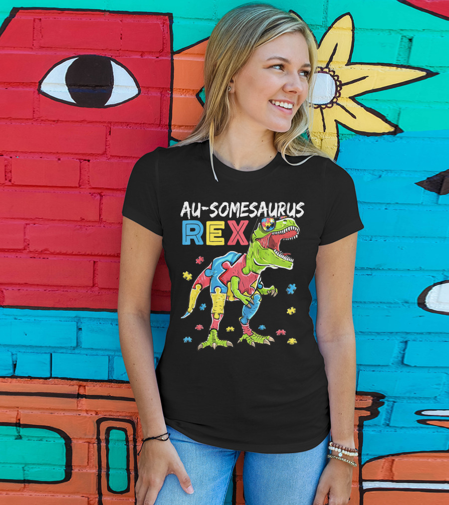 Au-somesaurus Rex Dinosaur Autism Awareness Puzzle Pieces T-Shirt