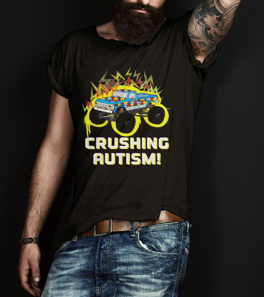 Crushing Autism Awareness Monster Truck With Puzzle Pattern And Lightning T-Shirt