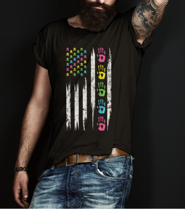 Autism Awareness Puzzle Piece Handprint USA Flag T-Shirt