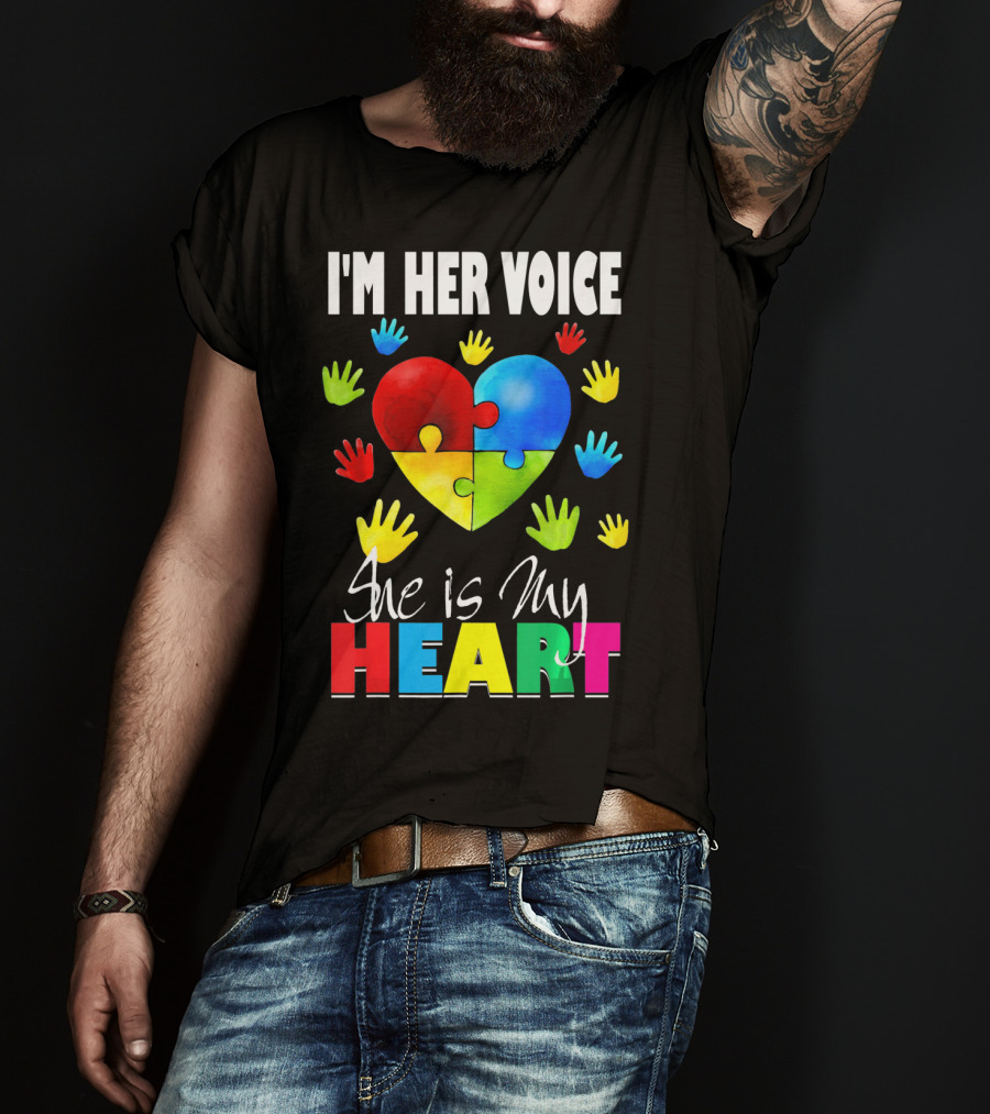 I'm Her Voice She Is My Heart Autism Awareness Puzzle Hands T-Shirt