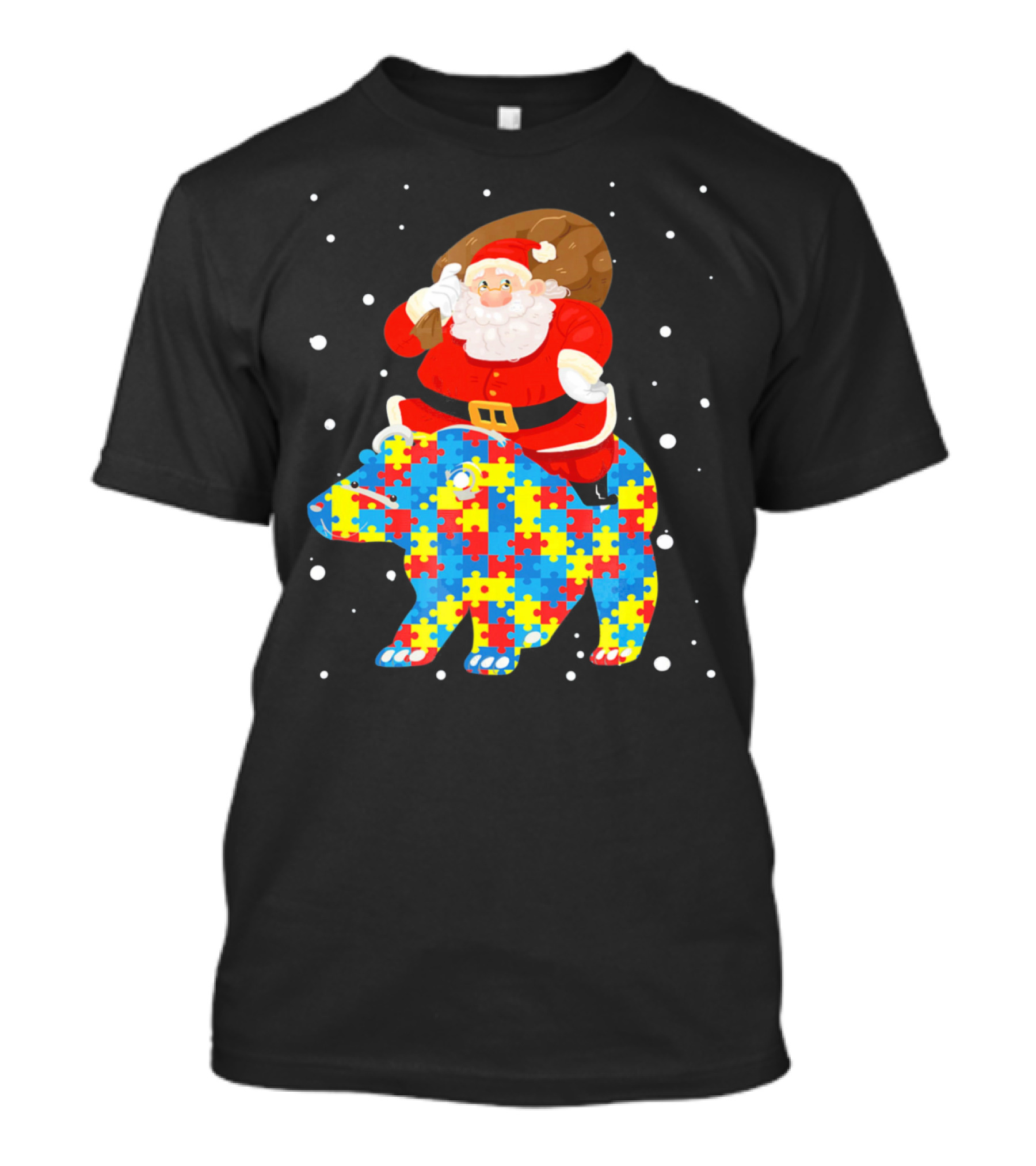 Santa Claus Riding Puzzle Bear Christmas Autism T-Shirt