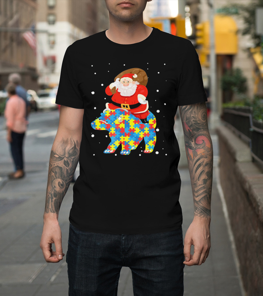 Santa Claus Riding Puzzle Bear Christmas Autism T-Shirt