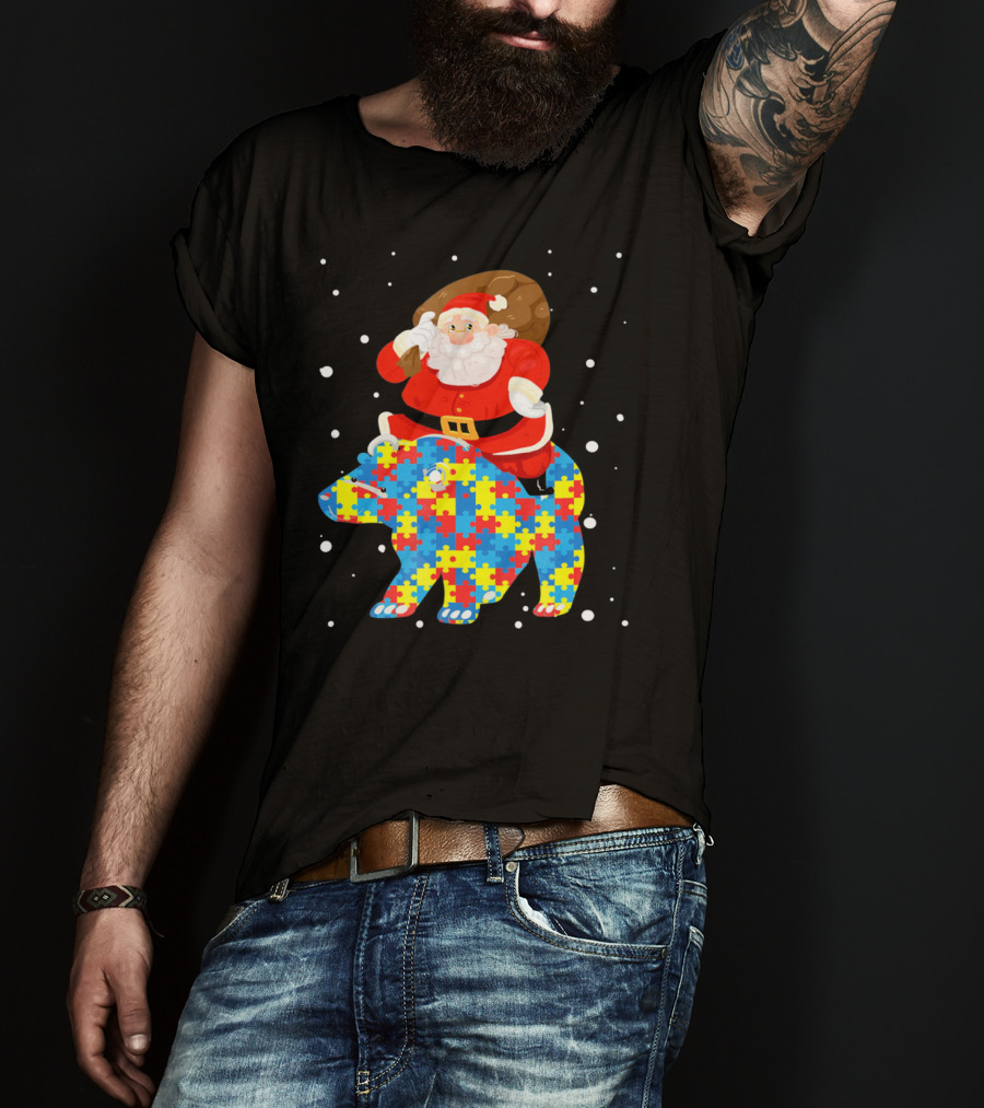 Santa Claus Riding Puzzle Bear Christmas Autism T-Shirt