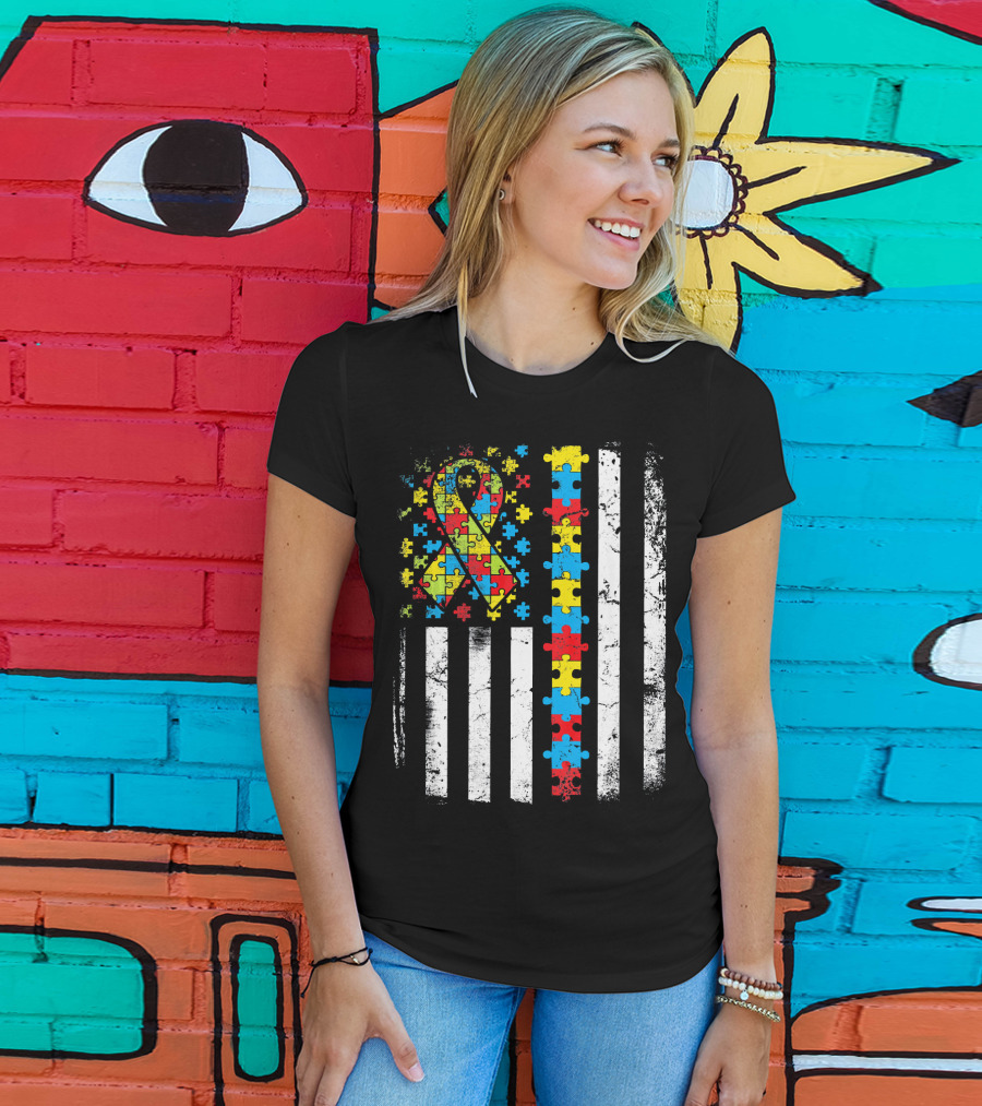 Autism Awareness American Flag Puzzle T-Shirt