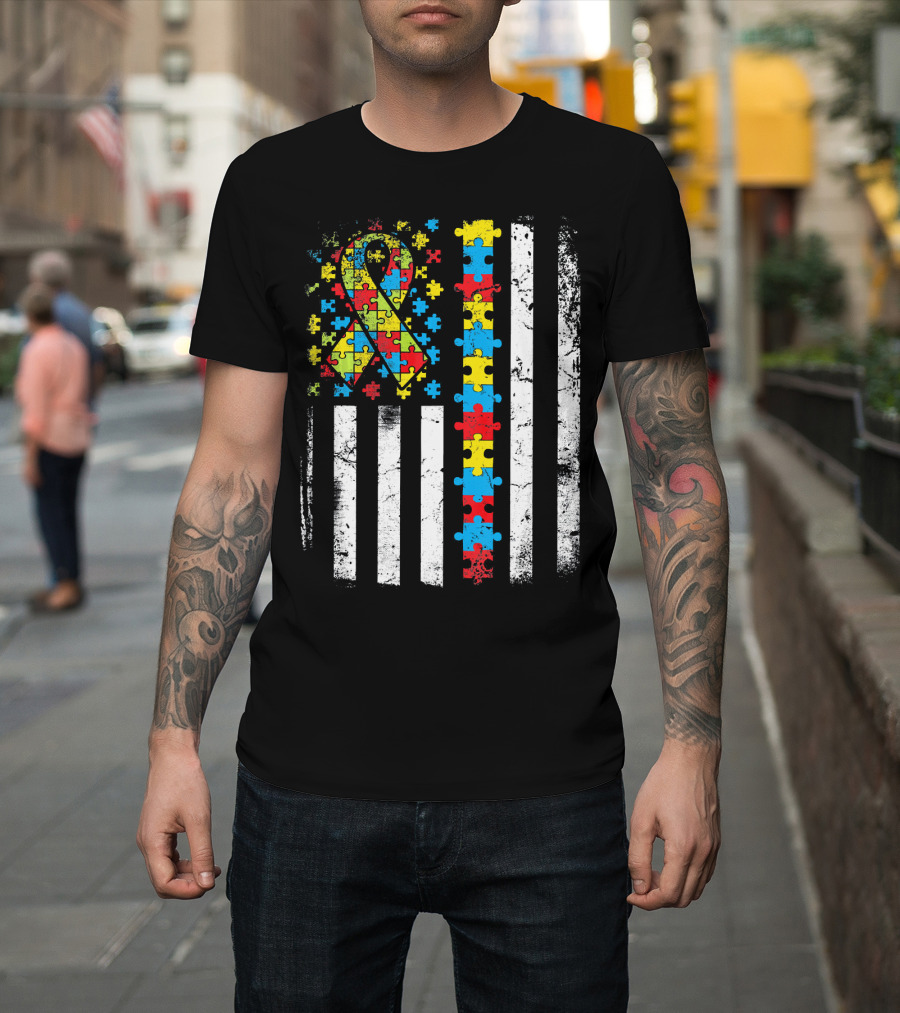 Autism Awareness American Flag Puzzle T-Shirt