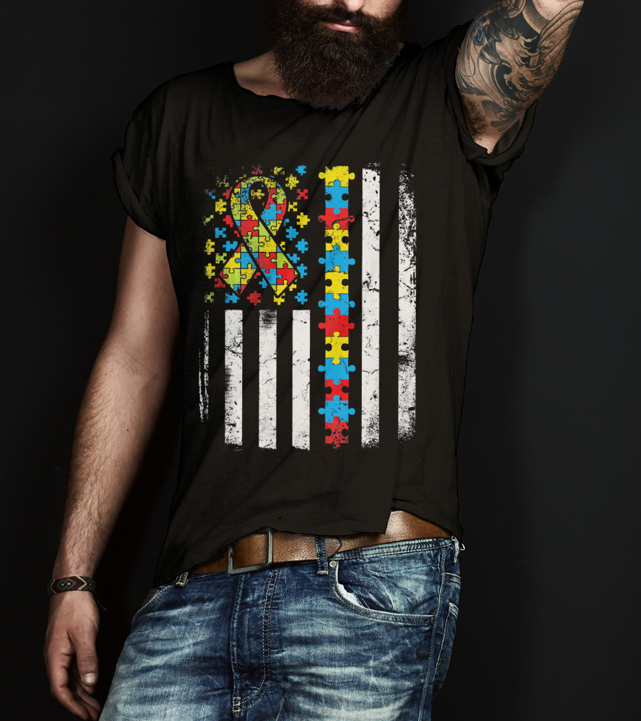 Autism Awareness American Flag Puzzle T-Shirt