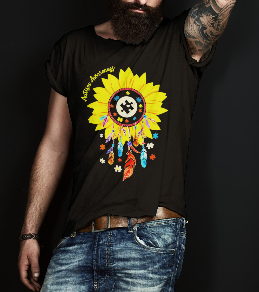 Autism Awareness Dream Catcher Sunflower With Puzzle Pieces T-Shirt