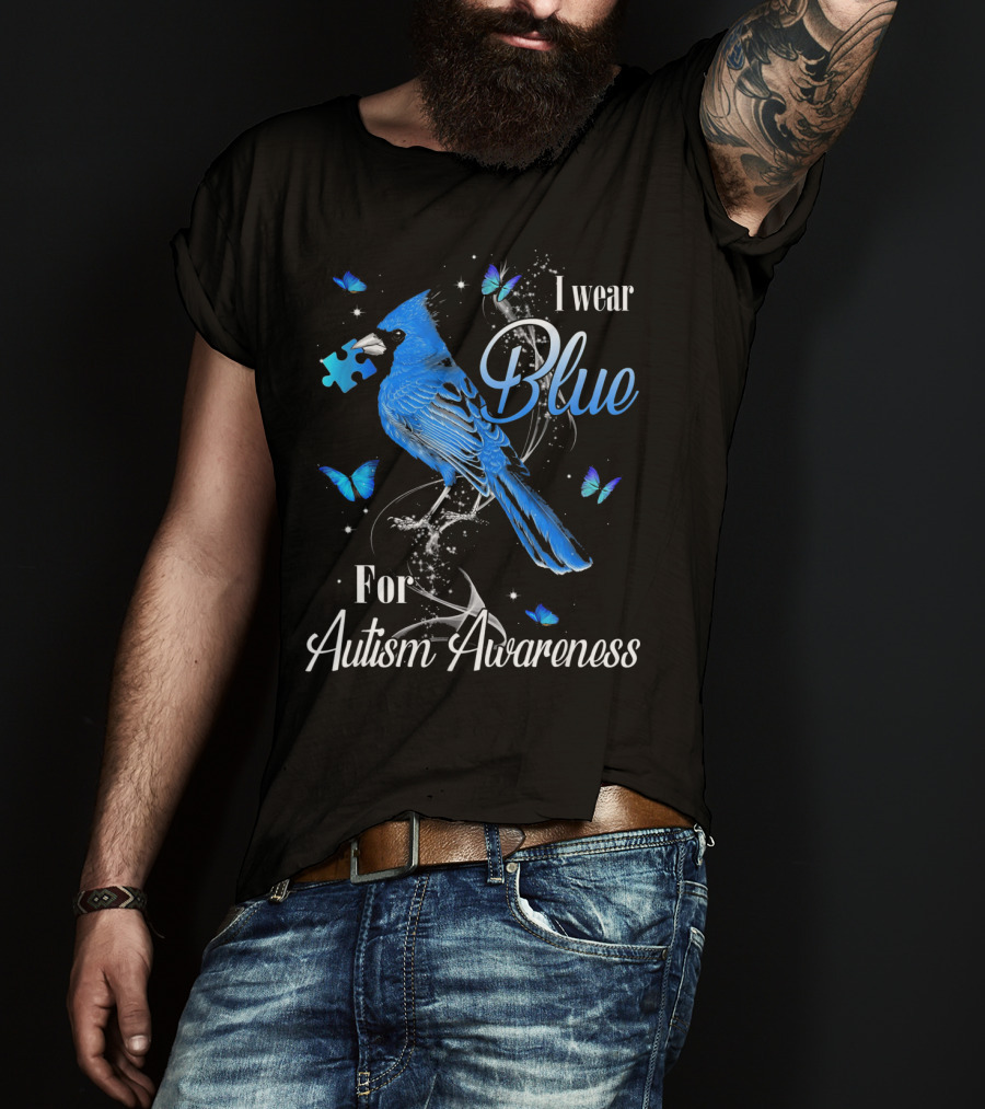 I Wear Blue For Autism Awareness Cardinal Bird Puzzle Piece Butterfly T-Shirt