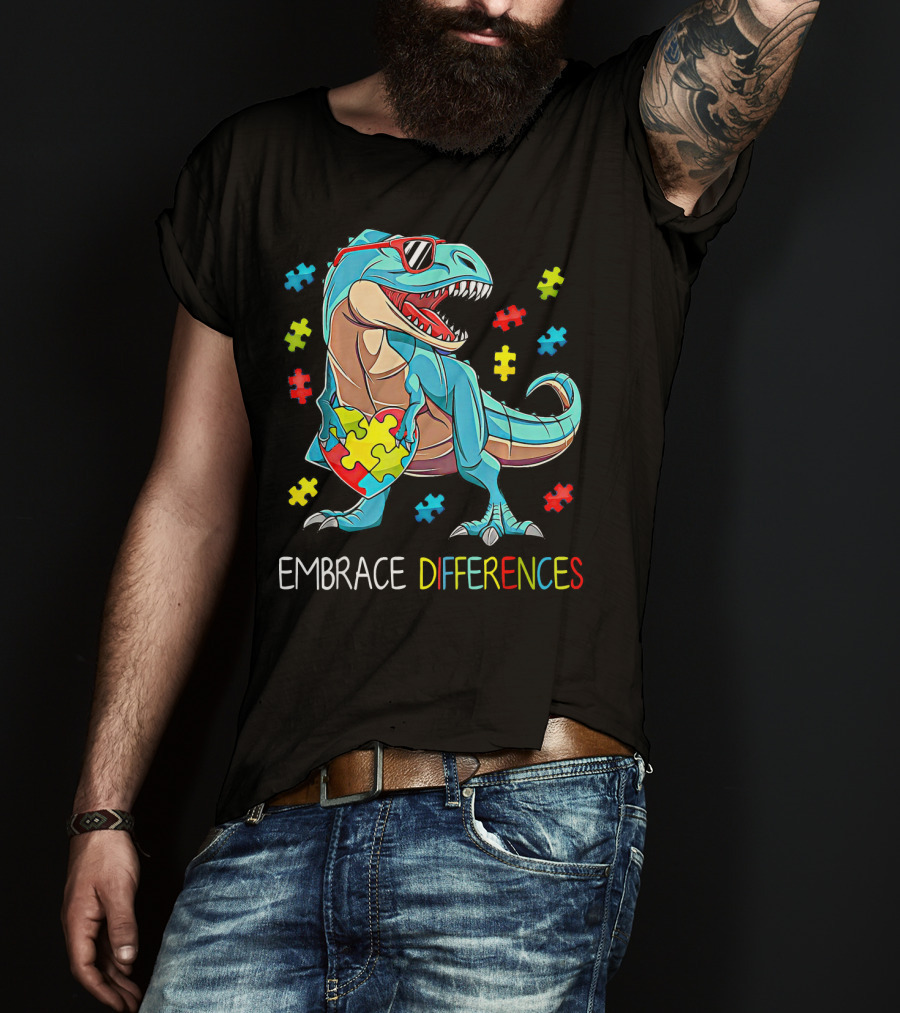 Embrace Differences Autism Awareness Dinosaur Rex Puzzle T-Shirt