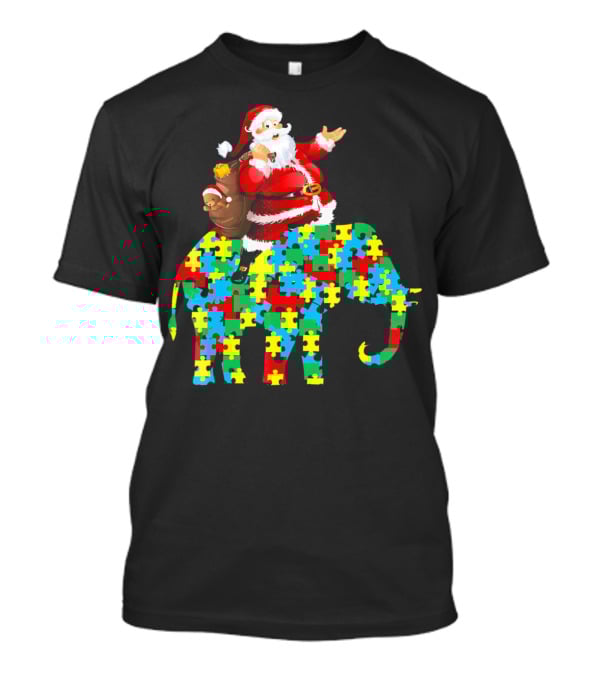 Santa Claus Riding Puzzle Piece Elephant Christmas Autism T-Shirt