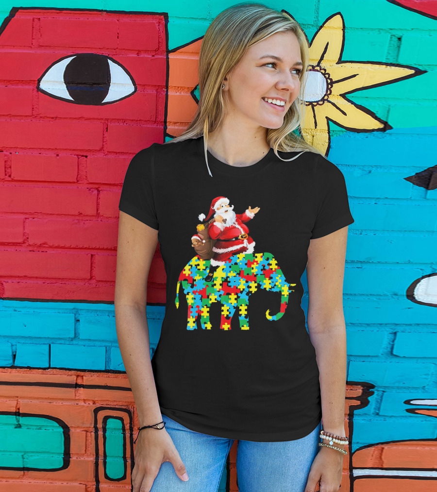 Santa Claus Riding Puzzle Piece Elephant Christmas Autism T-Shirt