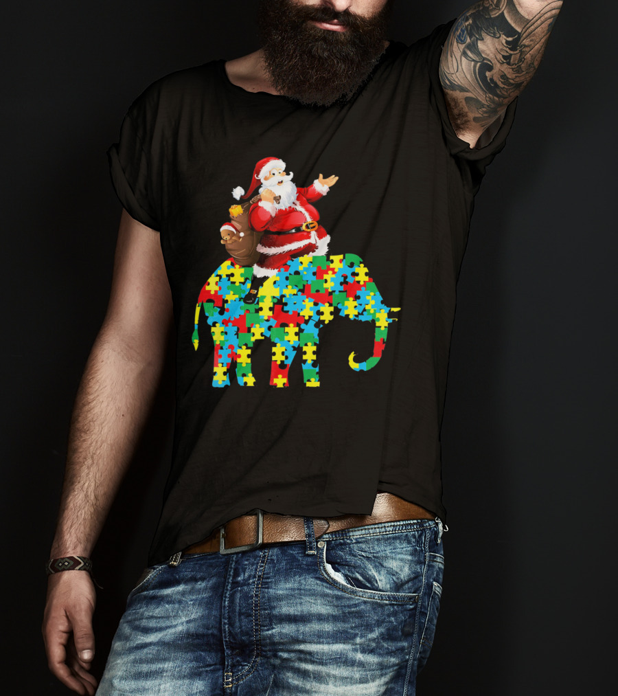 Santa Claus Riding Puzzle Piece Elephant Christmas Autism T-Shirt