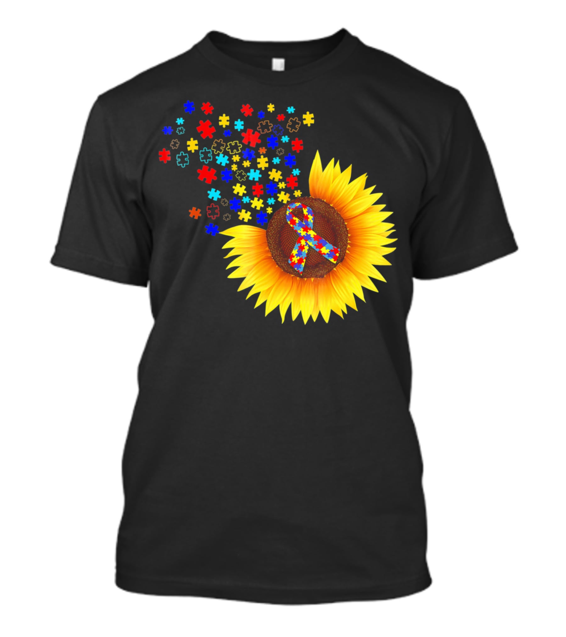Sunflower Autism Awareness Ribbon With Colorful Puzzle Pieces T-Shirt