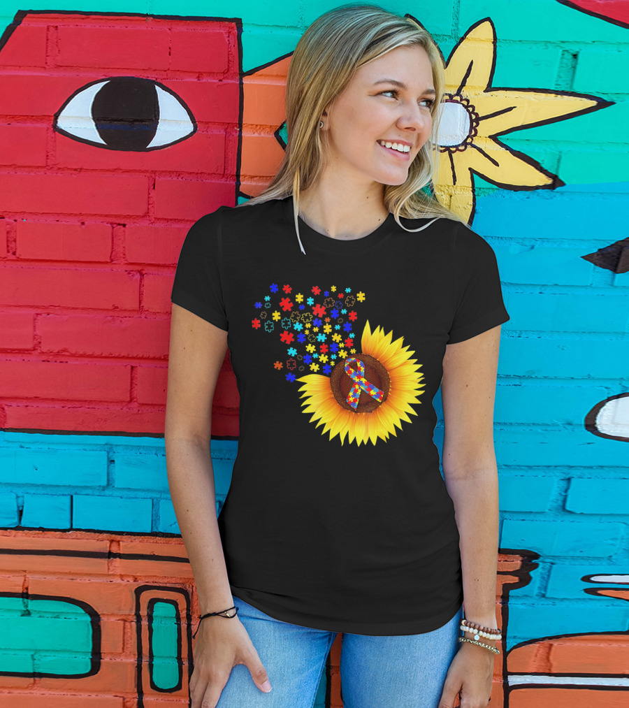 Sunflower Autism Awareness Ribbon With Colorful Puzzle Pieces T-Shirt