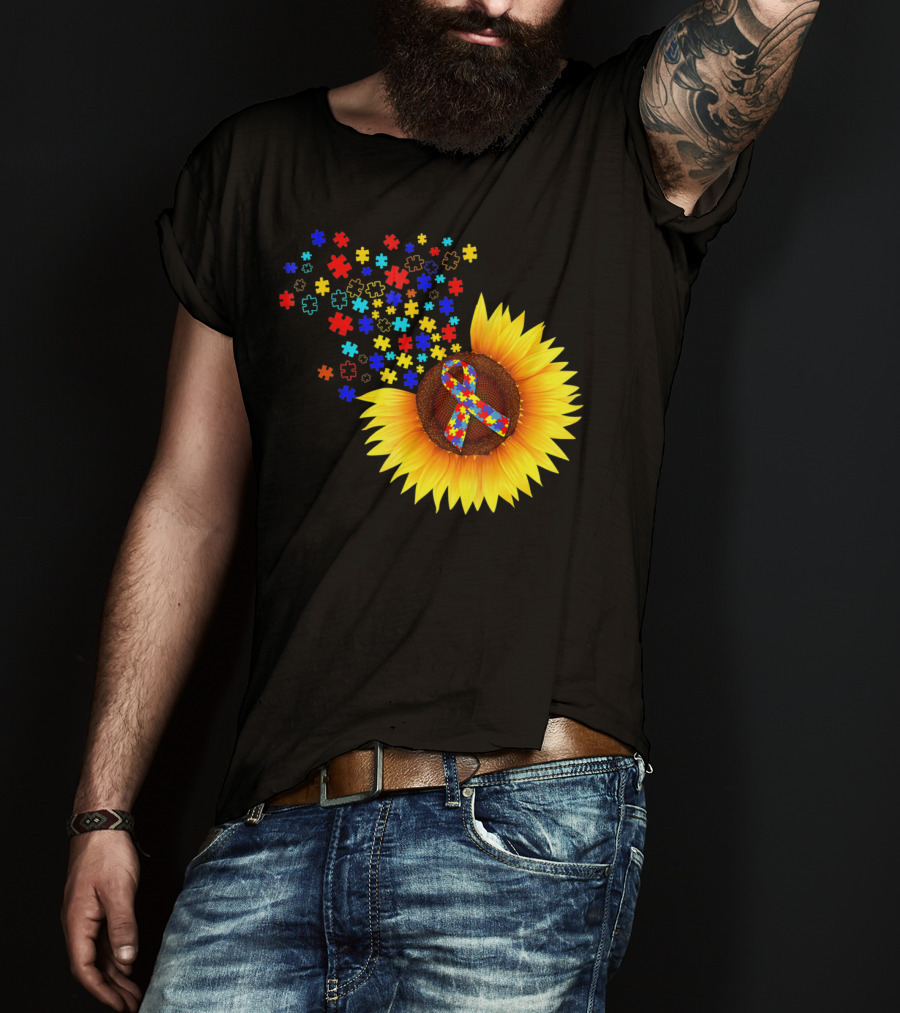 Sunflower Autism Awareness Ribbon With Colorful Puzzle Pieces T-Shirt