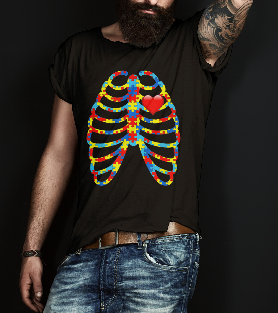 Colorful Puzzle Skeleton Rib Cage Autism Awareness Heart T-Shirt