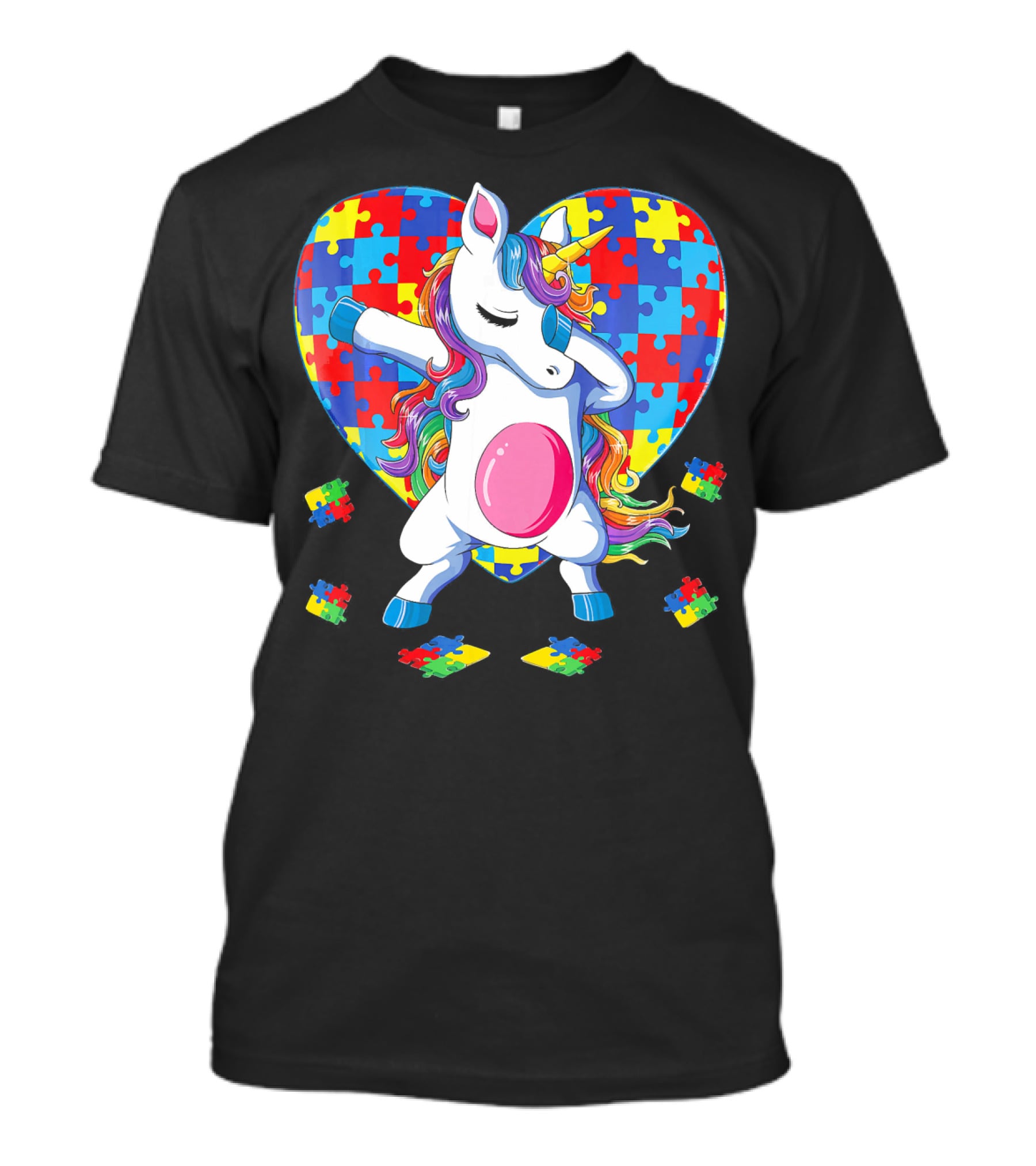Dabbing Unicorn With Autism Awareness Puzzle Heart T-Shirt