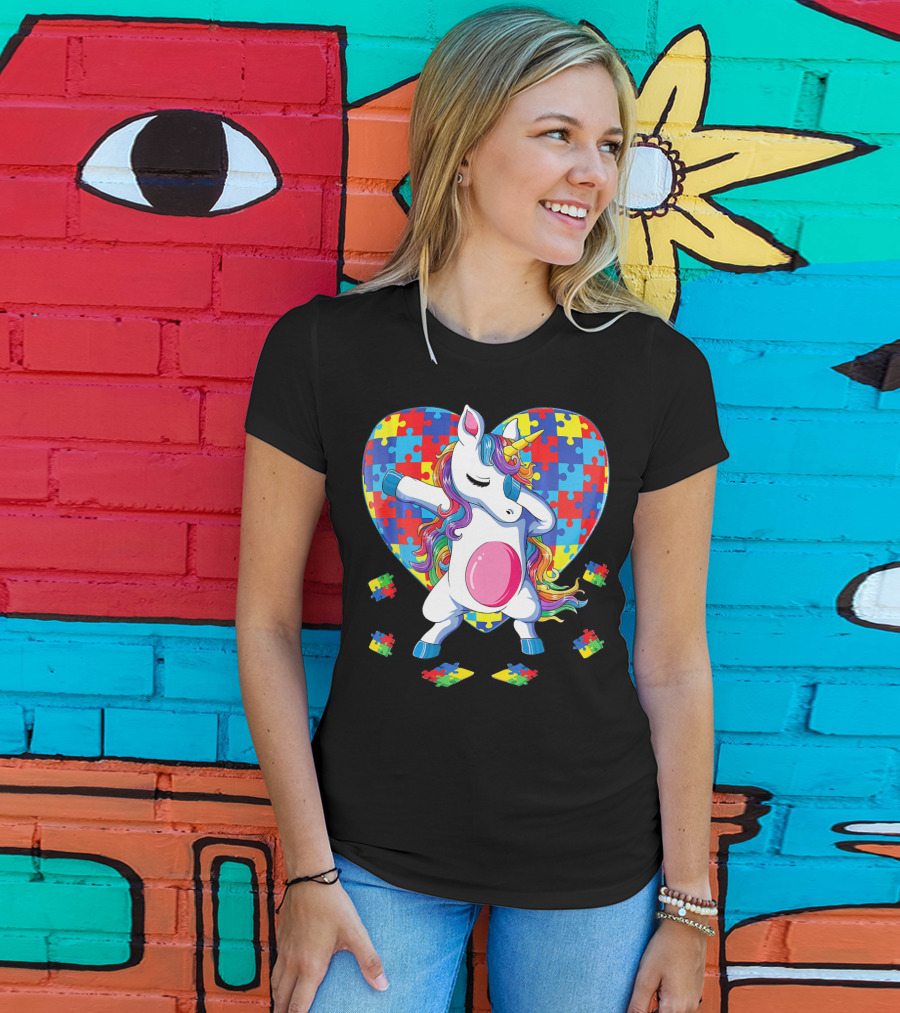 Dabbing Unicorn With Autism Awareness Puzzle Heart T-Shirt