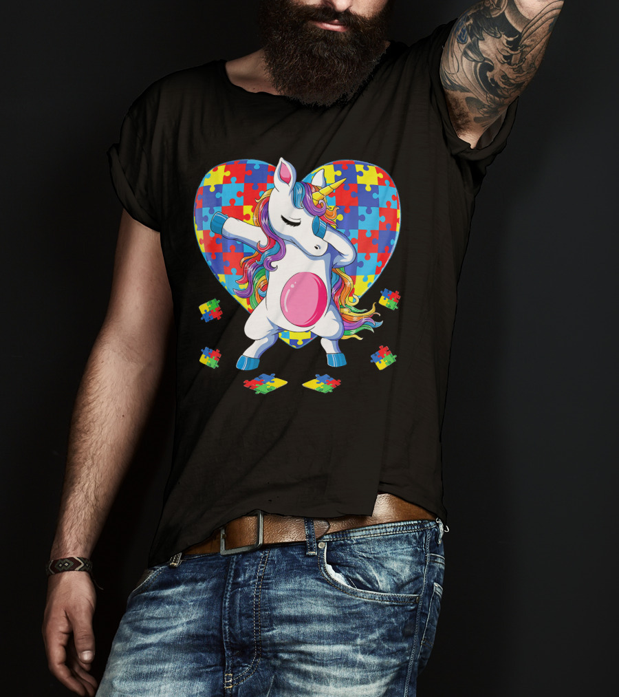 Dabbing Unicorn With Autism Awareness Puzzle Heart T-Shirt