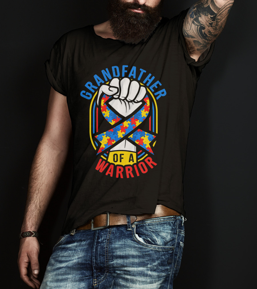 Grandfather Of A Warrior Autism Awareness Puzzle T-Shirt