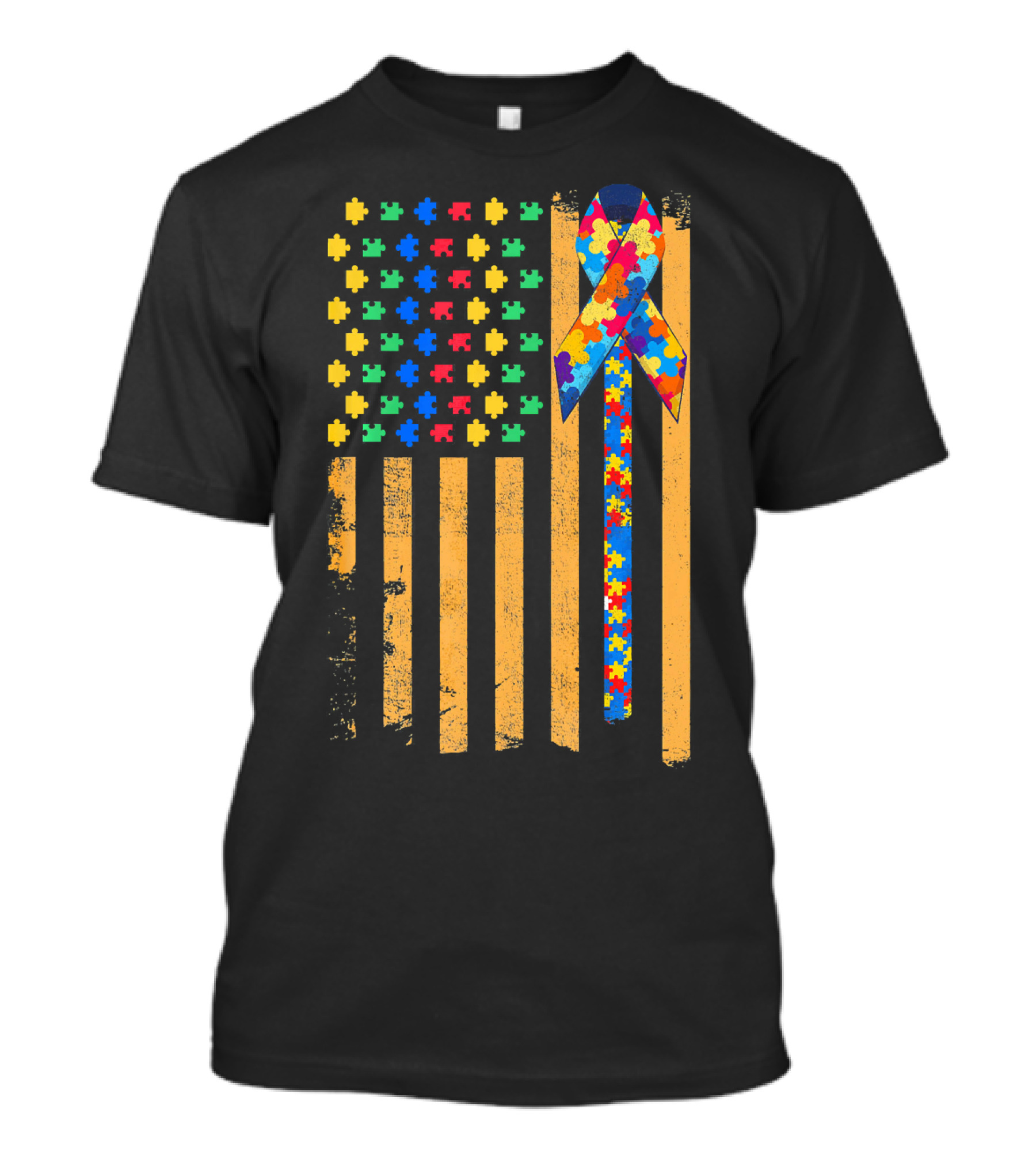 Autism Awareness Day American Flag Puzzle Ribbon T-Shirt
