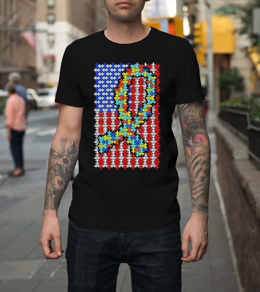 Autism Awareness Puzzle Ribbon US Flag Disability T-Shirt