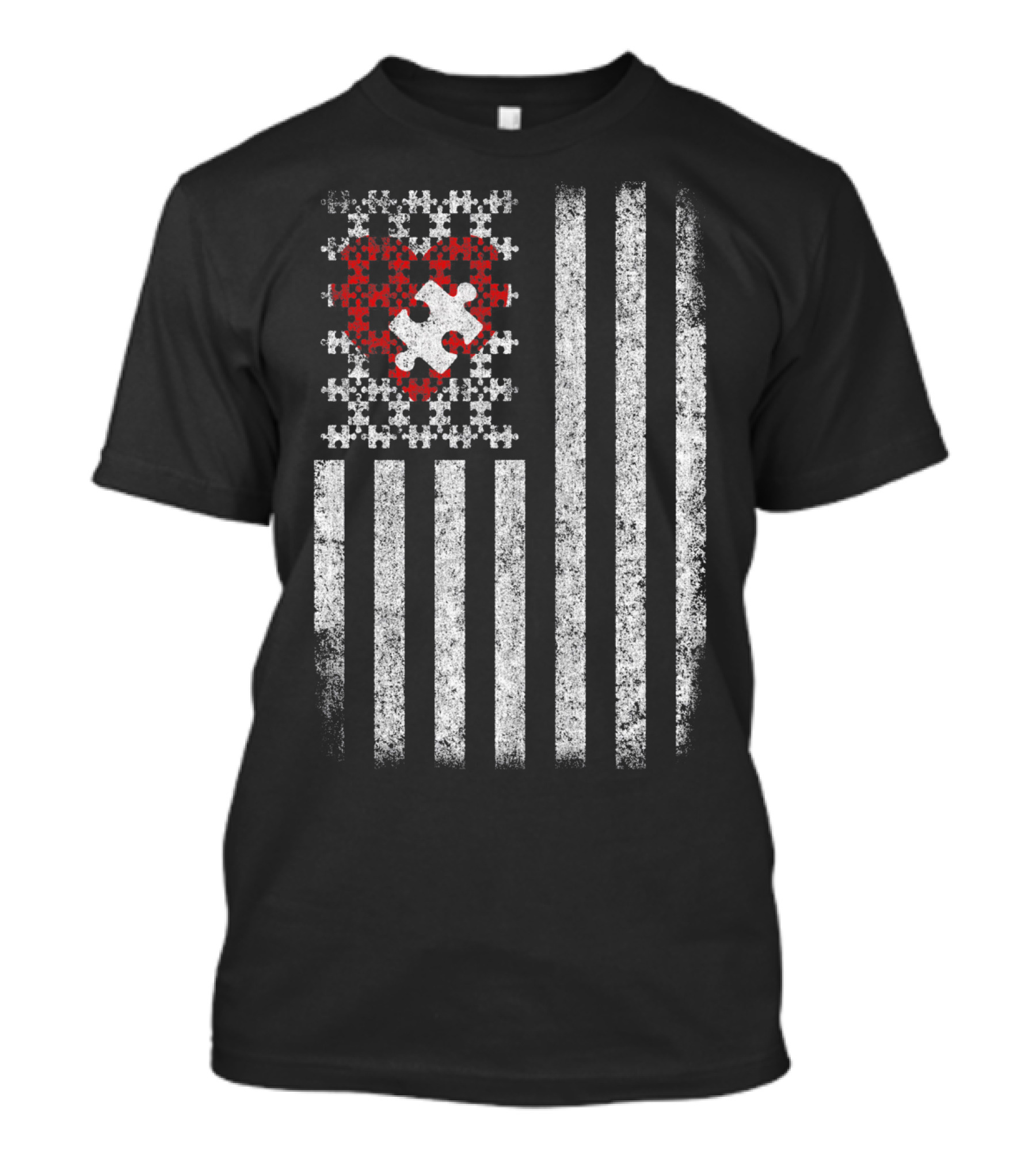 Autism Awareness American Flag Red Heart Puzzle Piece T-Shirt