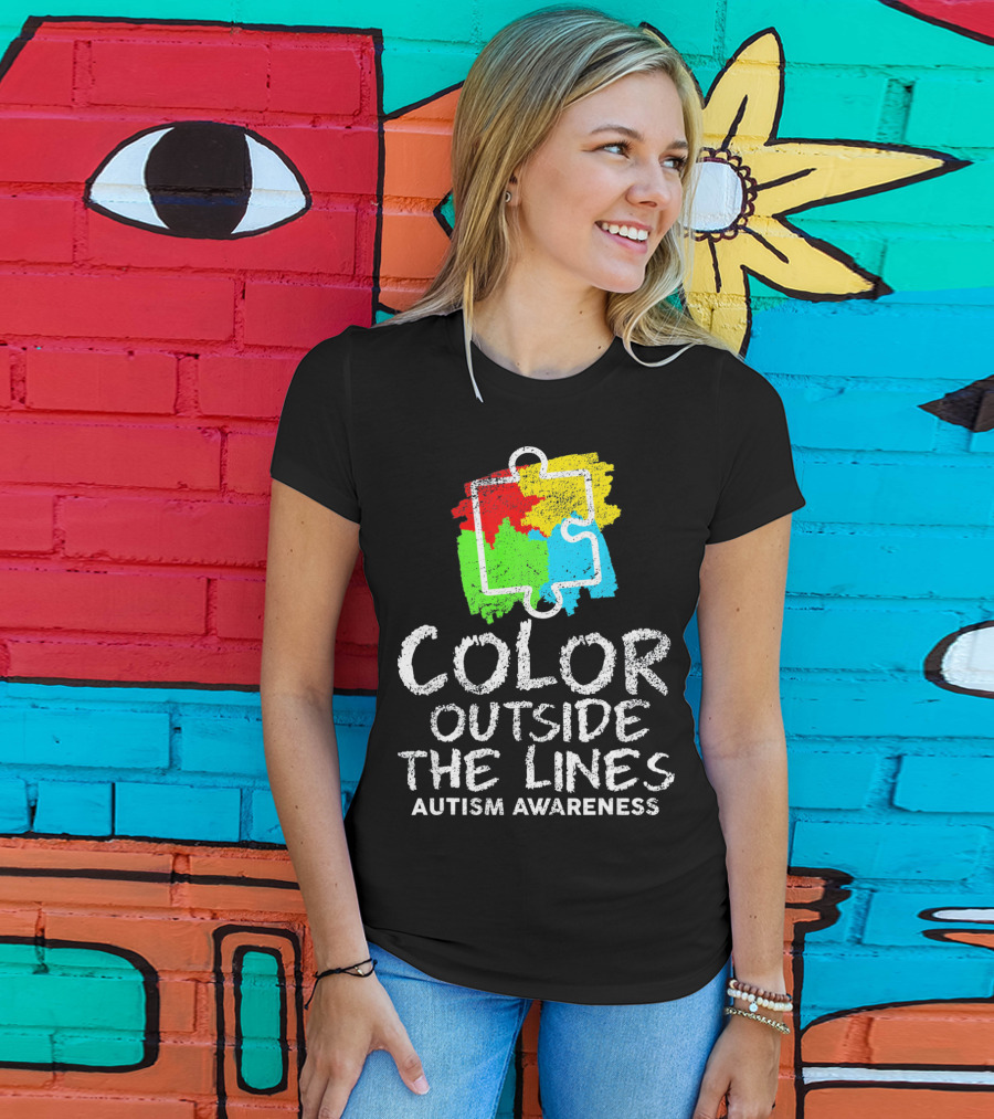 Color Outside The Lines Autism Awareness Puzzle Piece Colors T-Shirt