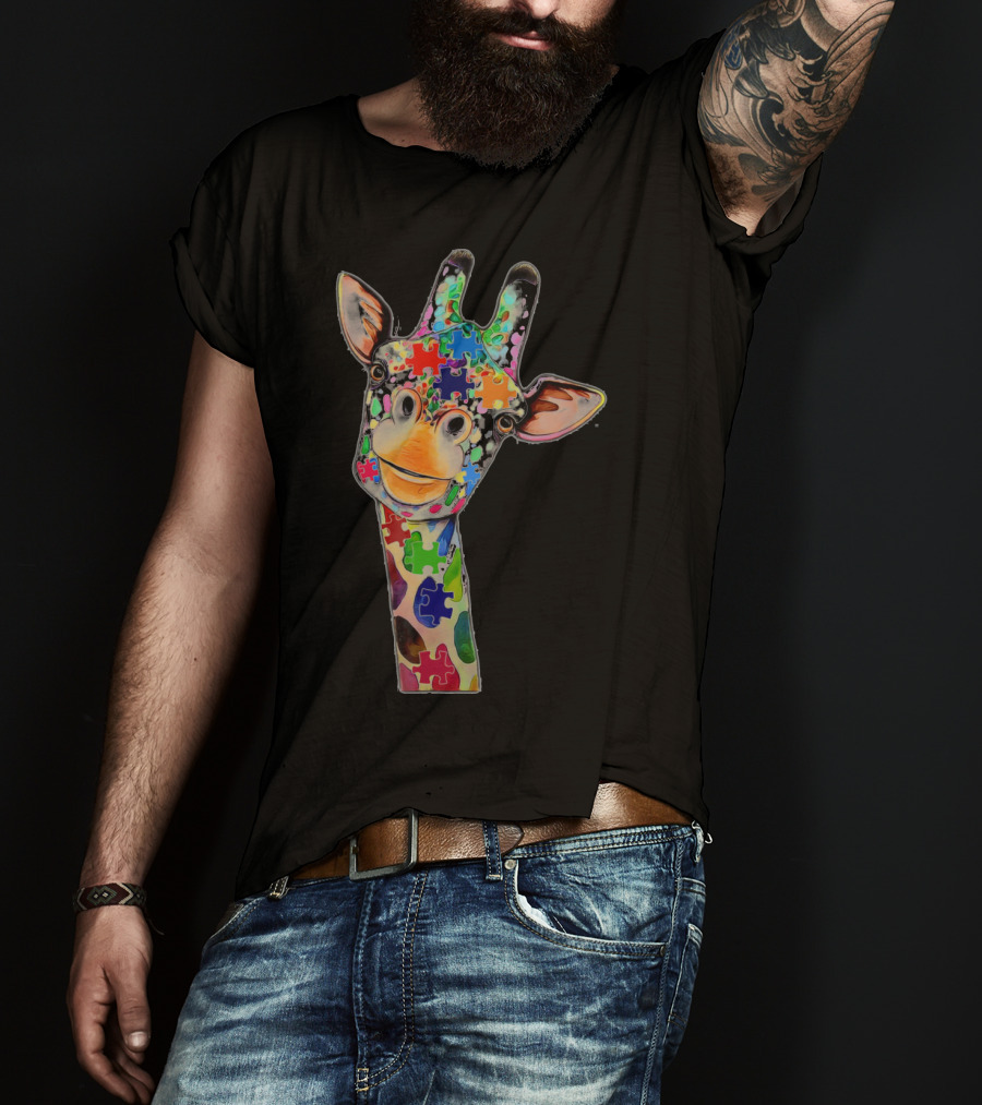 Cute Giraffe With Colorful Puzzle Pieces For Happy Autism Day Awareness T-Shirt