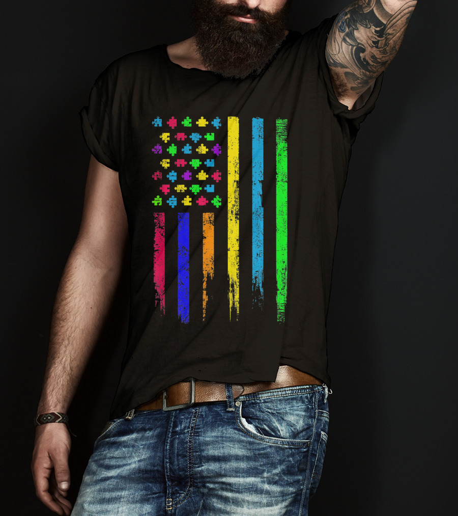 USA Flag Puzzle Pieces Rainbow Stripes T-Shirt