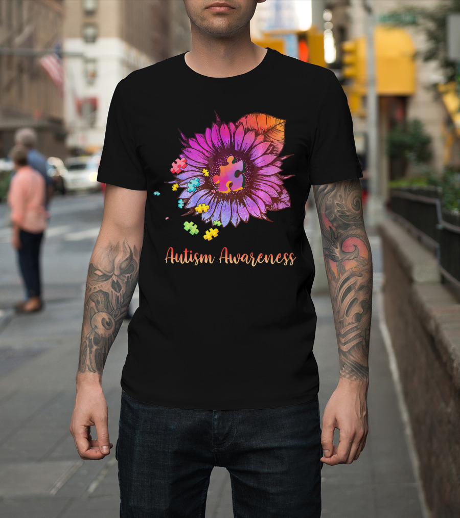 Autism Awareness Puzzle Ribbon Sunflower Hippie T-Shirt