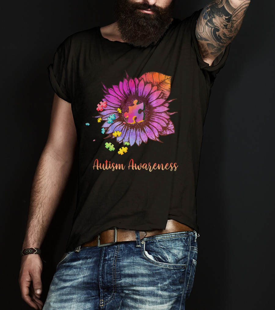 Autism Awareness Puzzle Ribbon Sunflower Hippie T-Shirt