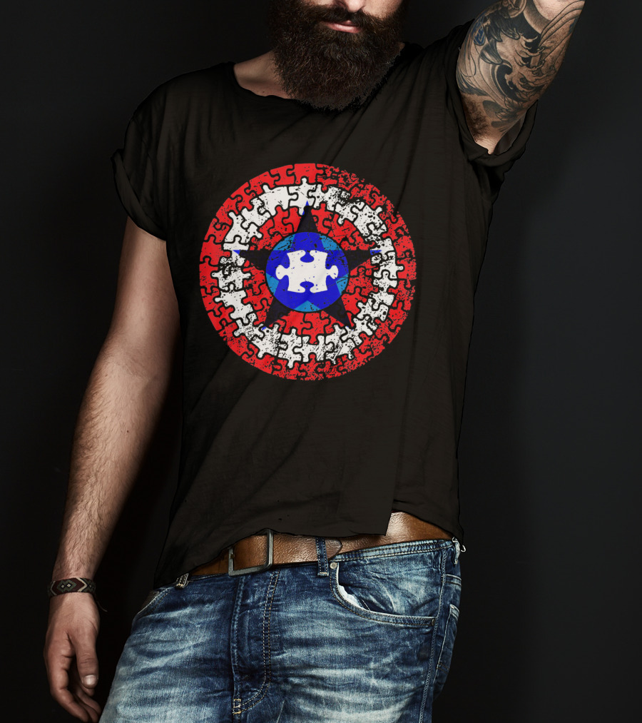 Captain Autism Superhero Shield Awareness Puzzle Star Emblem T-Shirt