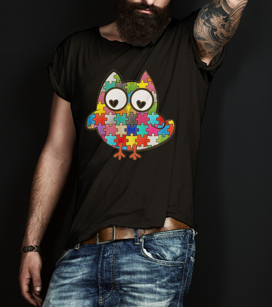 Autism Owl Puzzle Heart Eyes Autism Awareness Month T-Shirt