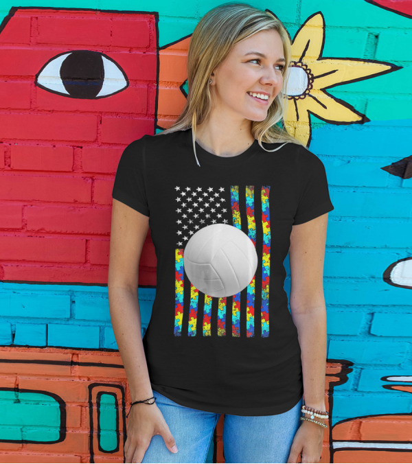 Autism Awareness Puzzle Flag Volleyball American Flag T-Shirt