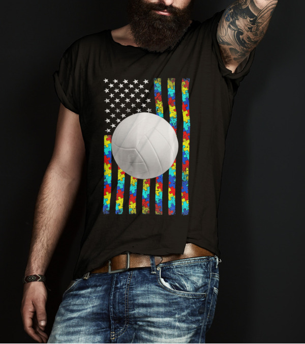 Autism Awareness Puzzle Flag Volleyball American Flag T-Shirt