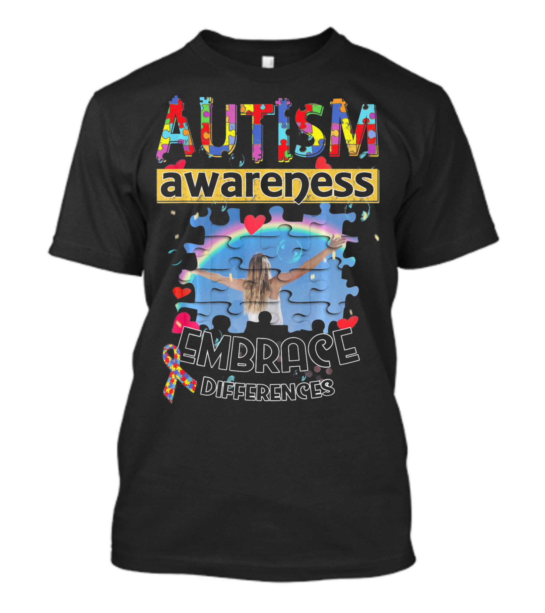 Autism Awareness Embrace Differences Puzzle Piece Rainbow T-Shirt