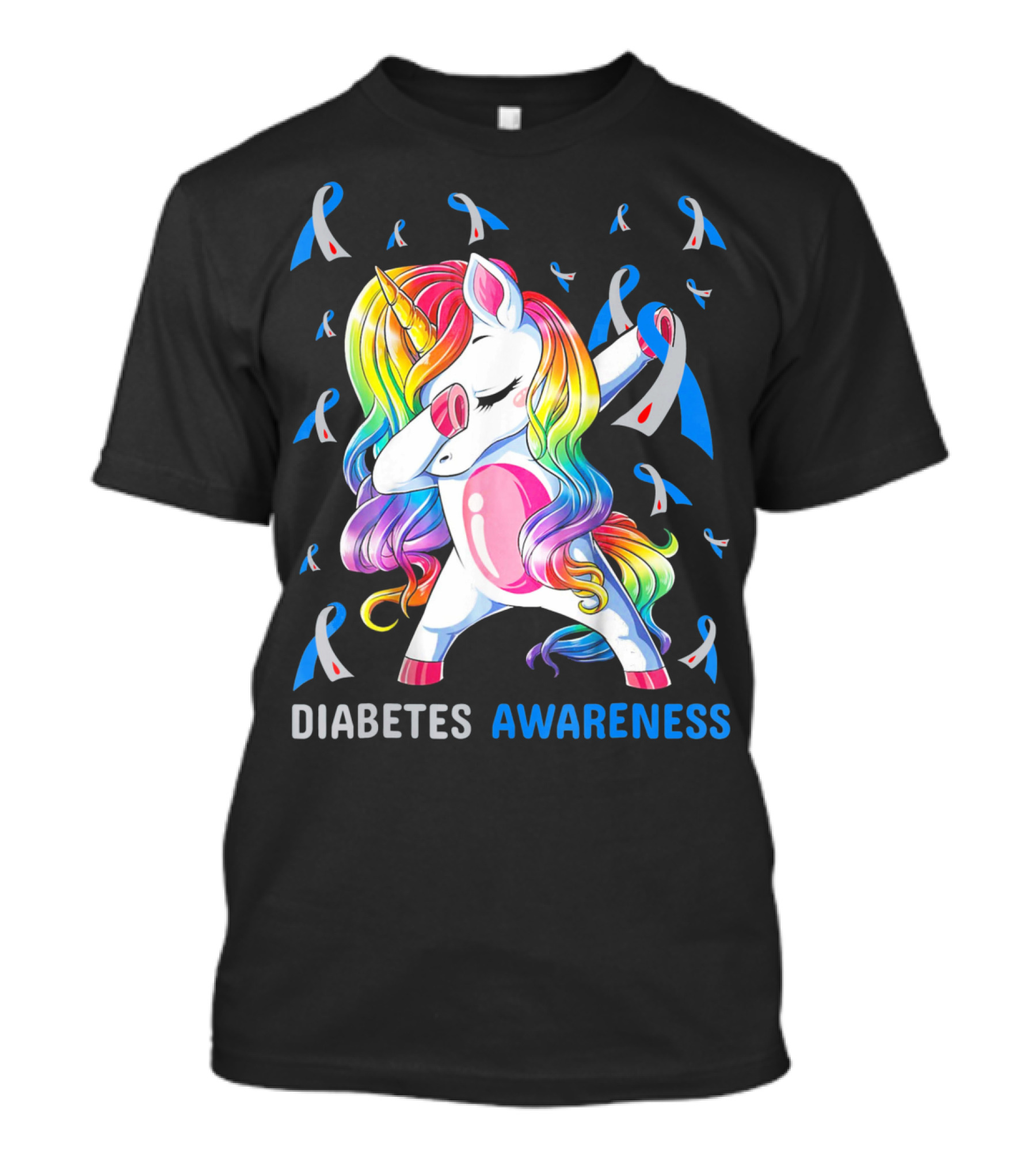 Diabetes Awareness Unicorn With Colorful Dabbing Pose And Ribbons T-Shirt