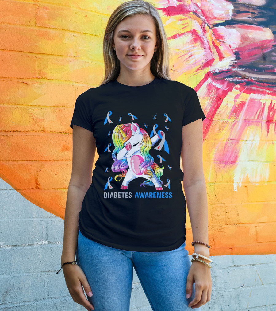 Diabetes Awareness Unicorn With Colorful Dabbing Pose And Ribbons T-Shirt