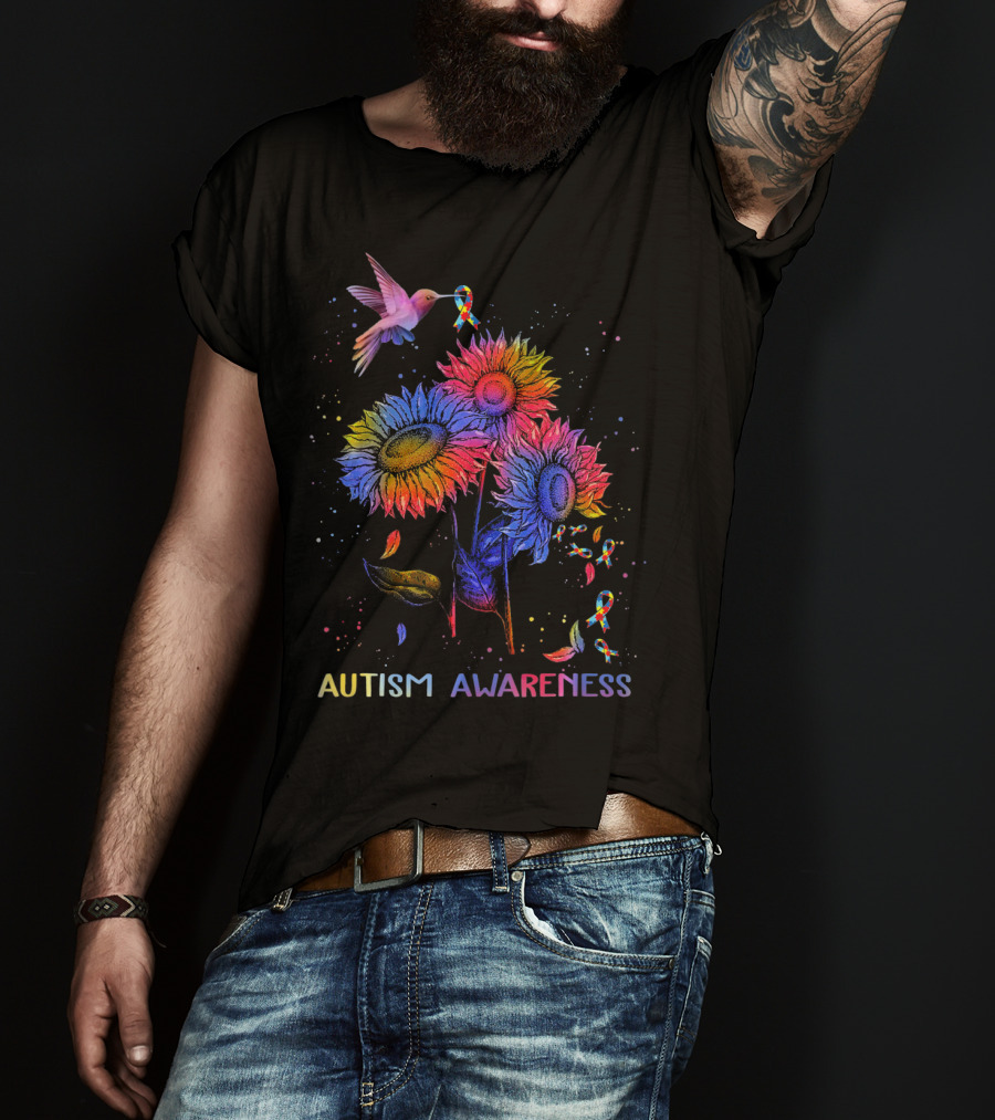 Autism Awareness Colorful Hummingbird And Sunflowers With Ribbons T-Shirt
