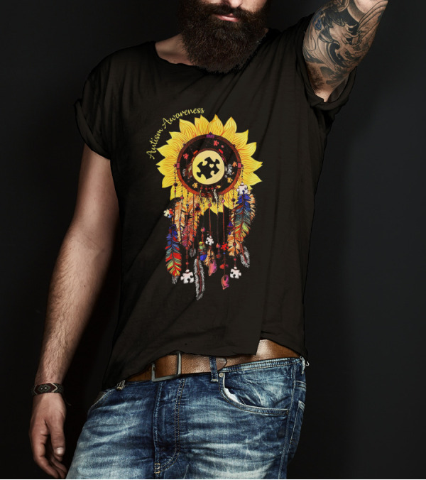 Autism Awareness Sunflower Puzzle Dreamcatcher Feathers T-Shirt