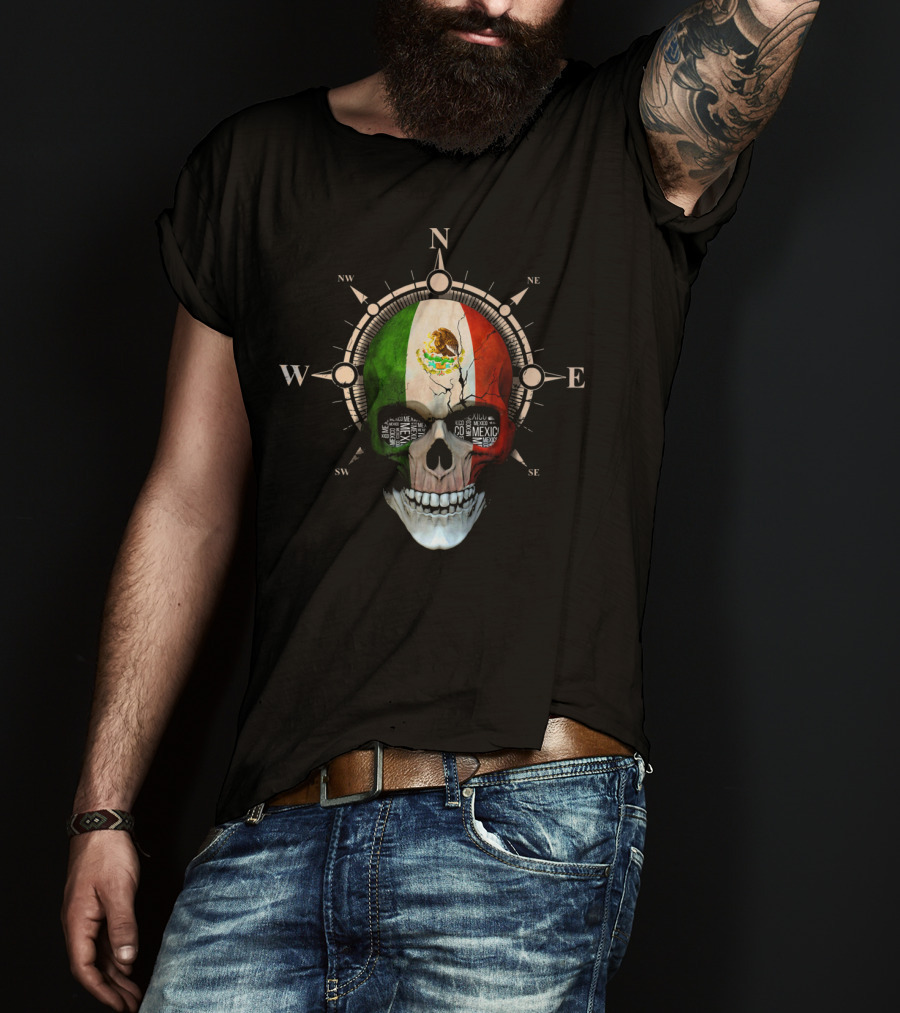 Mexico Skull Compass Flag Mexican DNA Roots T-Shirt