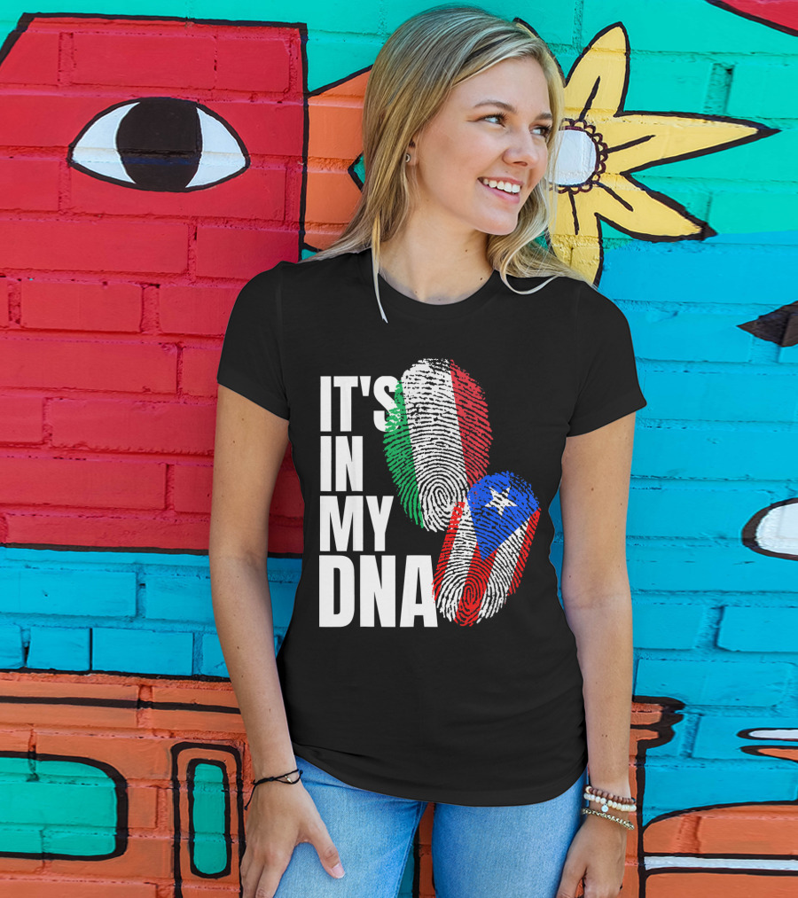 IT'S IN MY DNA Italian Puerto Rican Fingerprint Flag Mix T-Shirt