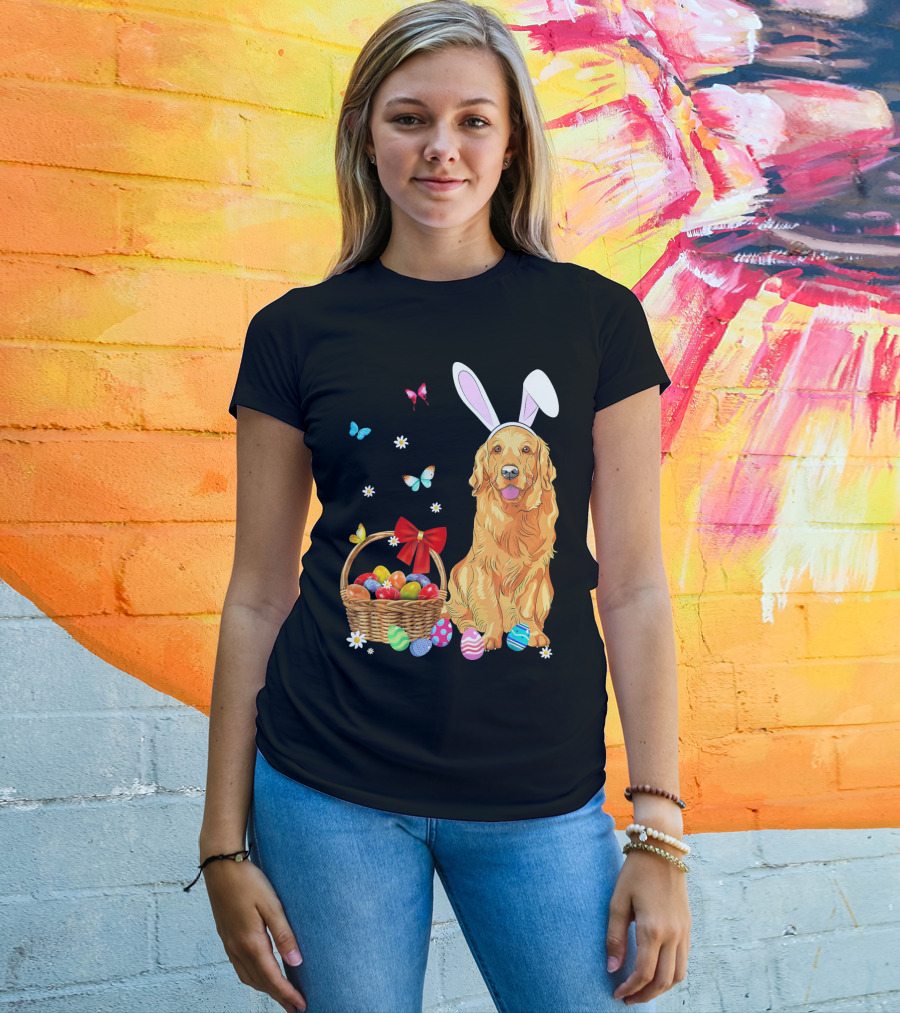 Golden Retriever Bunny Ears Easter Eggs Basket Butterflies T-Shirt