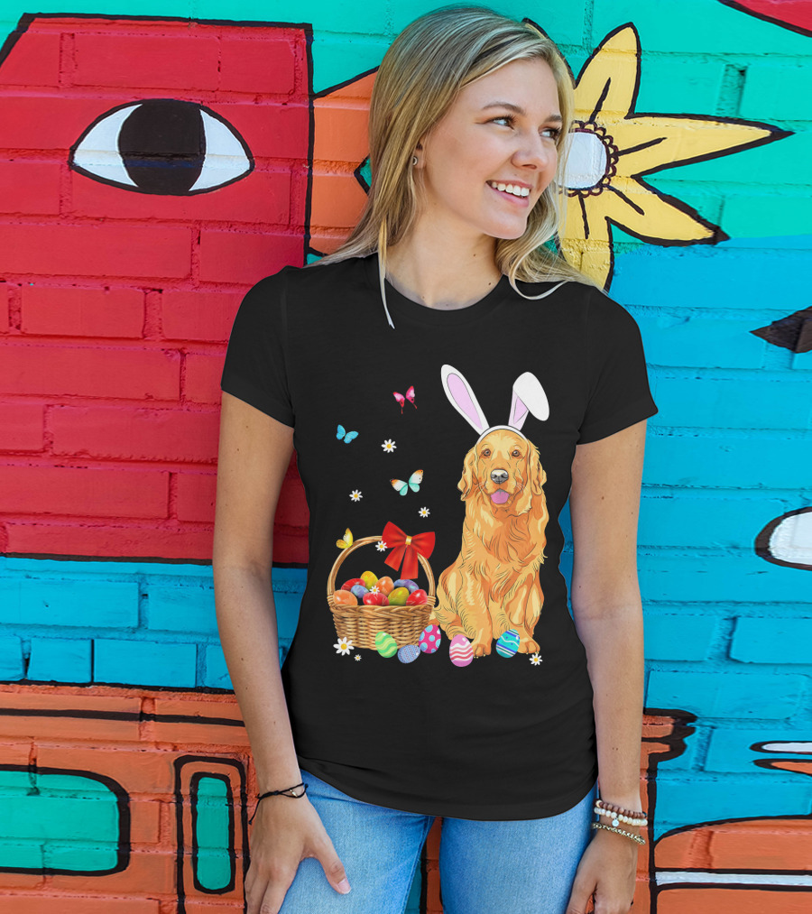 Golden Retriever Bunny Ears Easter Eggs Basket Butterflies T-Shirt