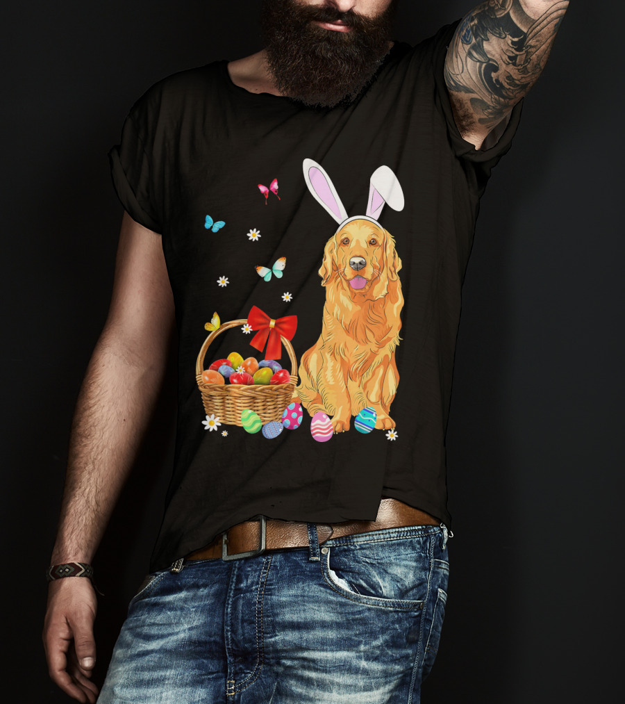 Golden Retriever Bunny Ears Easter Eggs Basket Butterflies T-Shirt