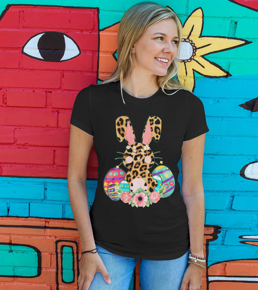 Bunny Leopard Print Floral Cute Easter Eggs T-Shirt