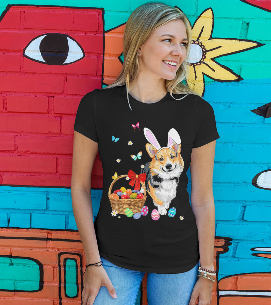 Welsh Corgi Bunny Ear Rabbit Easter Eggs Basket Butterflies T-Shirt
