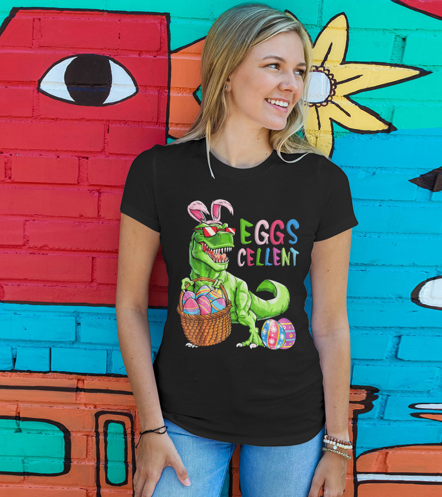 EGGS-cellent Green Dinosaur With Bunny Ears And Easter Eggs T-Shirt
