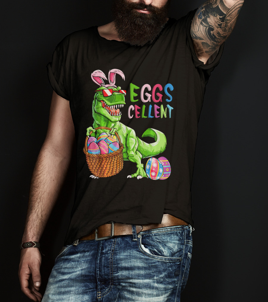 EGGS-cellent Green Dinosaur With Bunny Ears And Easter Eggs T-Shirt